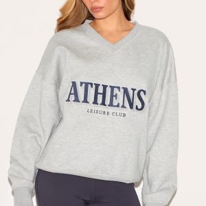 Ash Grey Athens Embroidered V Neck Sweatshirt