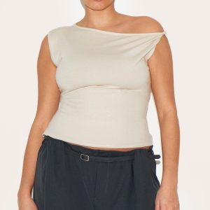 Plus Oatmeal Basic Knit Asymmetric Twist Sleeve Vest Top