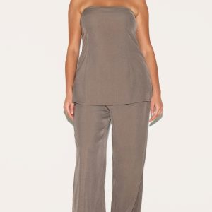 Plus Taupe Woven Tailored Longline Bandeau Flared Jumpsuit