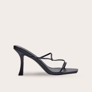 Black PU Square Toe Strappy Mid Heeled Mules
