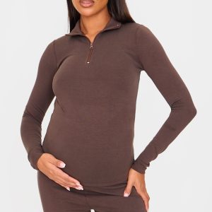 Maternity Chocolate Premium Soft Touch Quarter Zip Long Sleeve Top