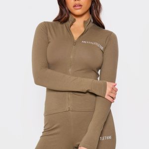 PRETTYLITTLETHING Khaki Jersey Zip Through Long Sleeve Top