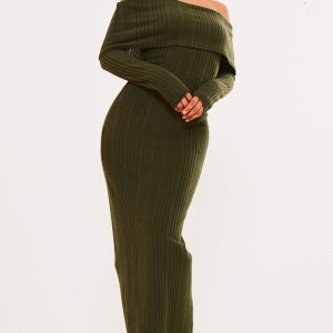 Khaki Brushed Rib Oversized Bardot Maxi Dress
