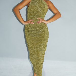 Gold Glitter Plisse Ruched One Shoulder Midi Dress - Gold, 6