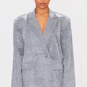 Silver Glitter Oversized Curved Hem Boxy Blazer