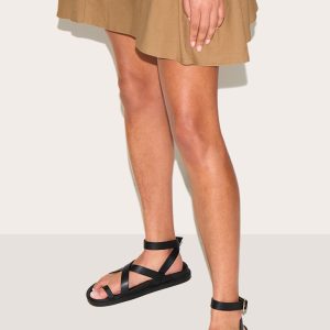 Black Pu Round Toe Gold Toe Loop Strappy Footbed Sandals
