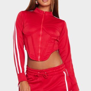 Red Stripe Sleeve Corset Detail Crop Zip Sweatshirt