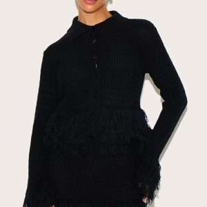 Petite Black Button Up Fringe Cardigan