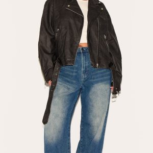 Plus Black Vintage Faux Leather Oversized Zip Up Biker Jacket