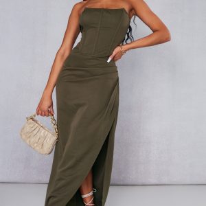 Khaki Woven Ruched Midaxi Skirt