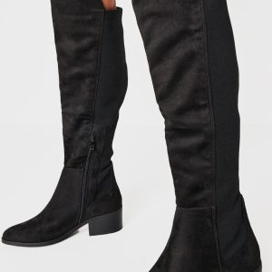 Black Faux Suede Wide Fit Round Toe Block Heel Knee High Boots