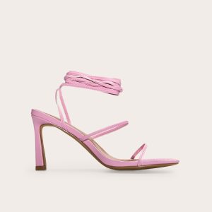 Pink Pu Square Toe Strappy Lace Up Mid Stiletto Heeled Sandals