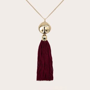 Gold Long Burgundy Tassel Necklace