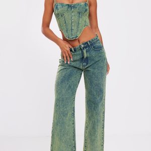Green Tint Vintage Wash Mid Rise Wide Leg Jeans