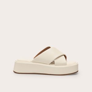 Cream Pu Round Toe Cross Strap Flatform Sandals