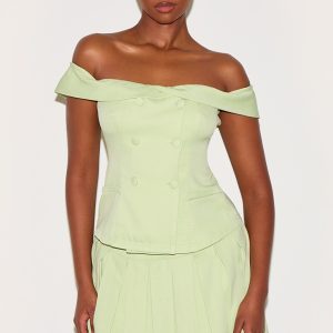 Pale Lime Tailored Button Detail Bardot Pleated Skort Playsuit