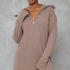 Mocha Rib High Neck Half Zip Oversized Jumper Dress
