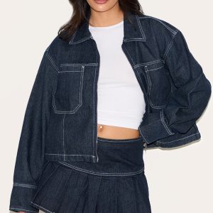 Dark Indigo Contrast Stitch Pleated Denim Mini Skirt