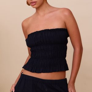 Black Shirred Bandeau Top