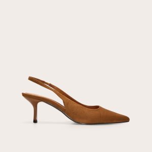 Tan Faux Suede Point Toe Sling Back Mid Heeled Courts