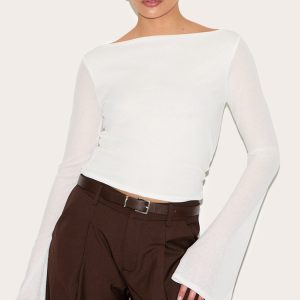 White Double Layer Burn Out Mesh Flared Sleeve Top