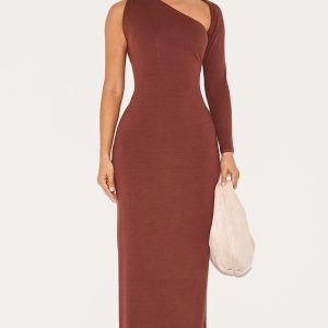 Petite Chocolate Ribbed One Sleeve Maxi Dress
