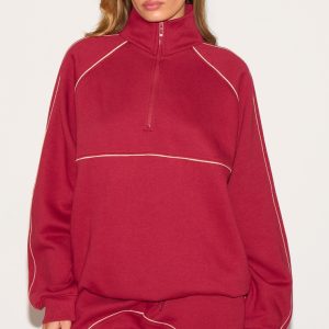 Red Oversized Contrast Piping Quarter Zip Sweatshirt