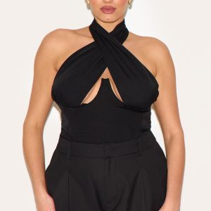 Plus Black Woven Cross Front Underwired Bodysuit