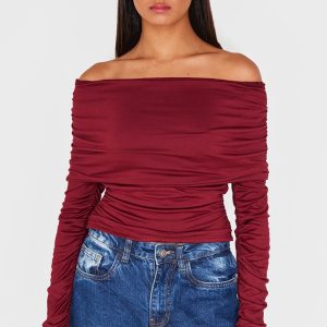 Burgundy Contour Jersey Extreme Fold Over Ruched Detail Long Sleeve Top