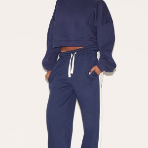 Navy Wide Leg Sweat Tape Detail Joggers