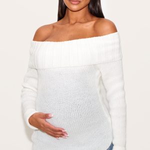Maternity Cream Rib Knit Bandeau Long Sleeve Top