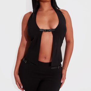 Shape Black Stretch Woven Buckle Halterneck Top