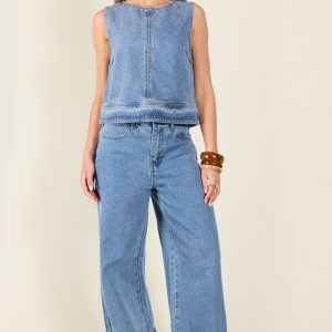 Mid Blue Wash Seam Detail Wide Leg Jeans