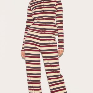 Burgundy Striped Mid Rise Ribbed Straight Leg Trousers