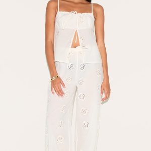 White Broderie Swirl Detail Straight Leg Trousers