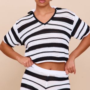 Monochrome Crochet Stripe Knit Polo Top