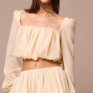 Almond Chiffon Ruched Long Sleeve Blouse