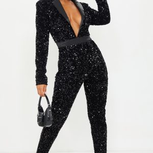 Black Velvet Sequin Plunge Front Tailored Jumpsuit