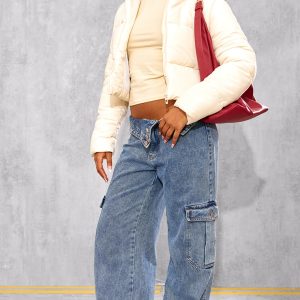 Cream Basic Hooded Zip Up Cropped Puffer Jacket