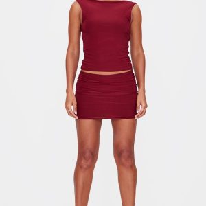 Burgundy Low Rise Slinky Micro Mini Skirt