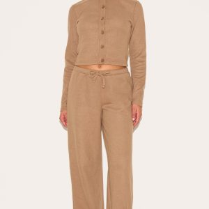 Petite Taupe Super Soft Drawstring Wide Leg Trousers