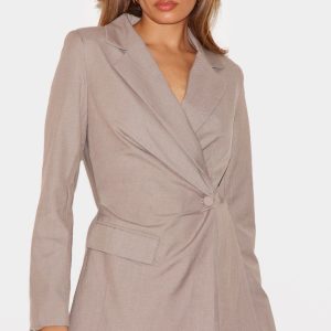 Taupe Tailored Woven Cinched Waist Long Sleeve Playsuit