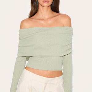 Sage Green Onion Skin Bardot Ruched Top