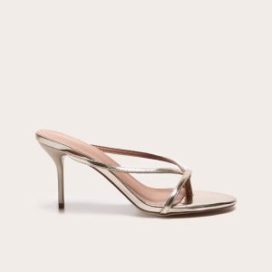 Gold Pu Round Toe Thong High Stiletto Heeled Mules