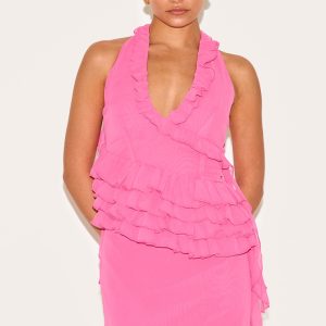 Petite Pink Mesh Halterneck Frill Detail Top