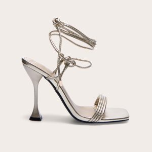 Gold Pu Square Toe Triple Strap Lace Up Mid Heeled Sandals