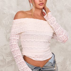 Cream Textured Bardot Long Top