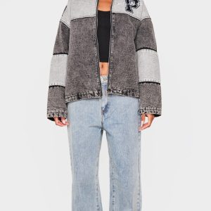 Black Oversized Denim Varsity Bomber Jacket