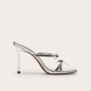 Silver Pu Round Toe Bow Strap High Stiletto Heeled Mules