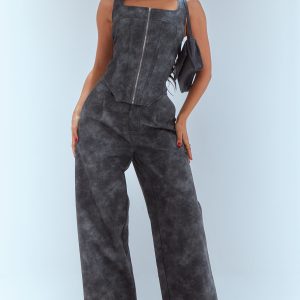 Petite Washed Grey Faux Leather Straight Leg Trousers